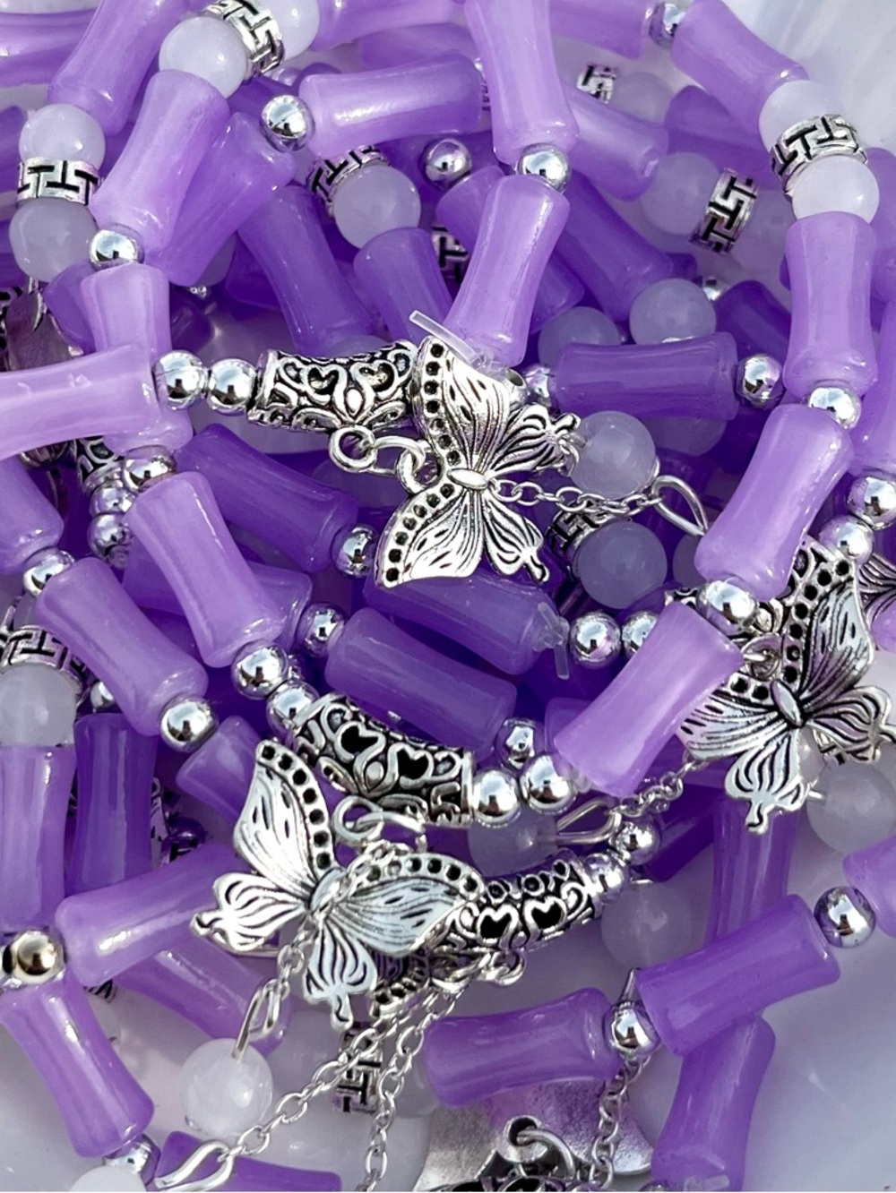 Lavender Bamboo Glass Beaded Bracelet With Butterfly Charm NWOT